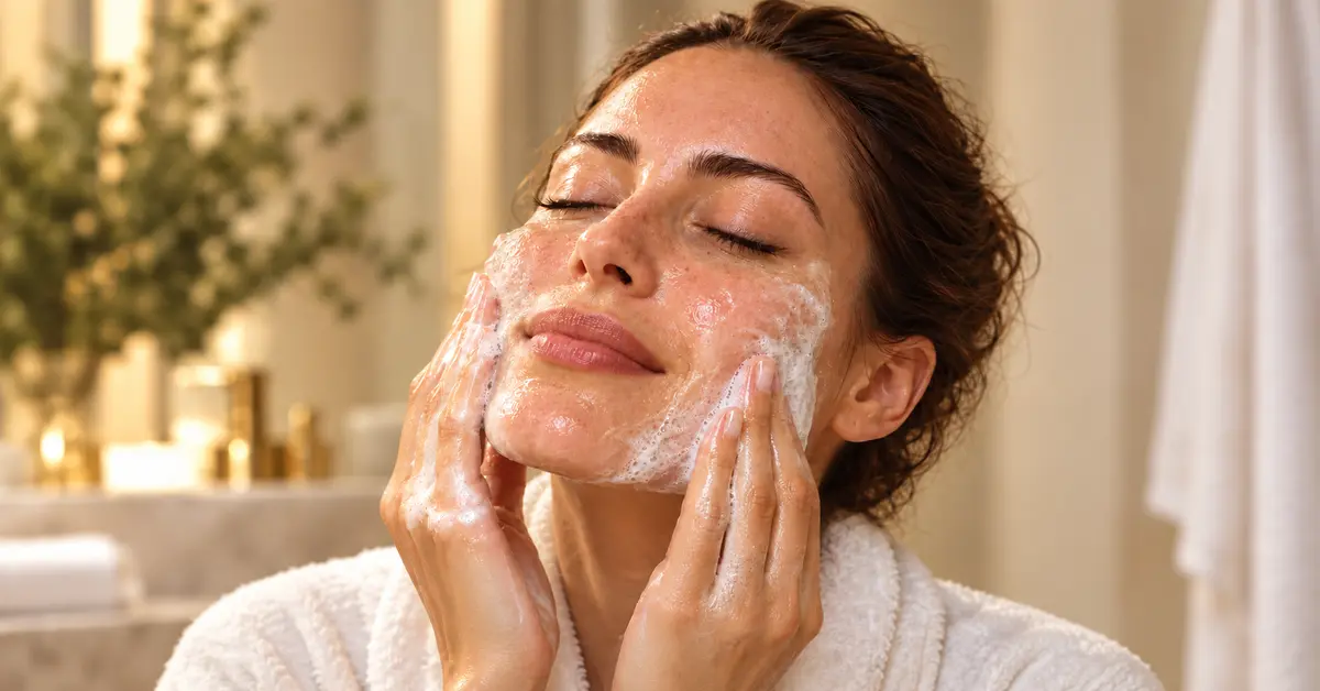 Donna che massaggia delicatamente un detergente sul viso