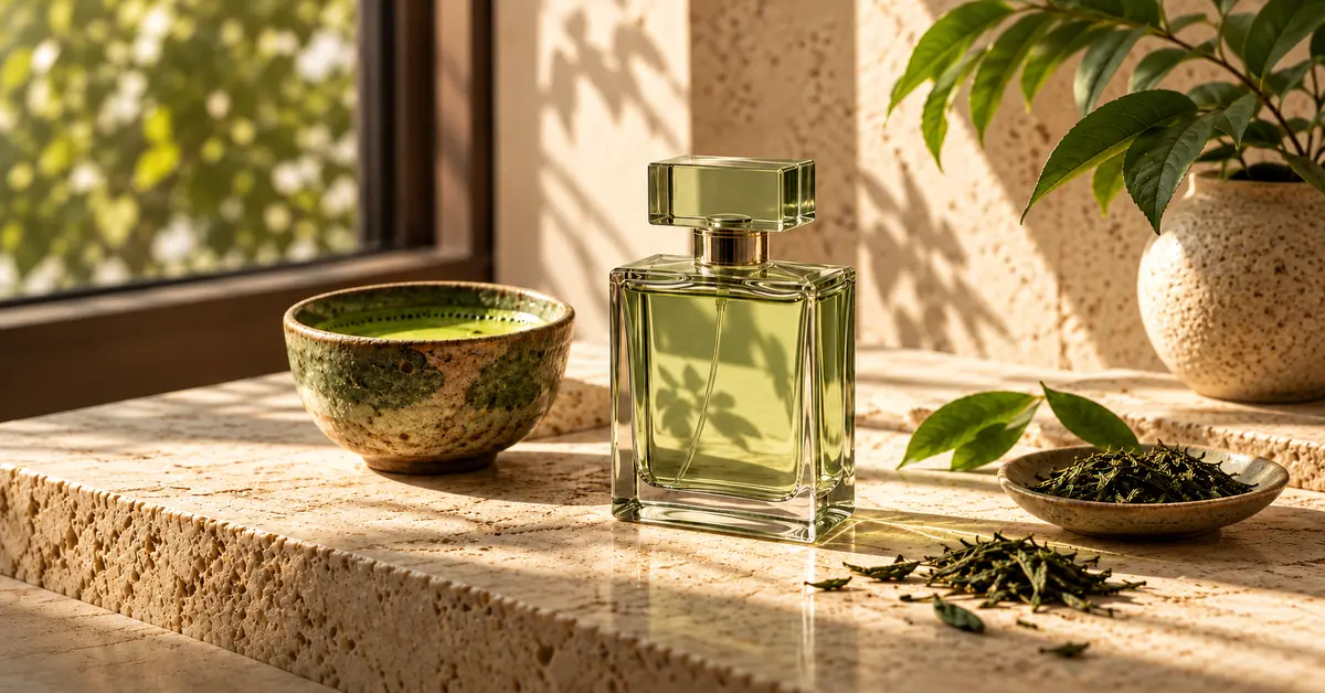 Flacone di profumo verde accanto a una tazza di matcha e foglie di tè